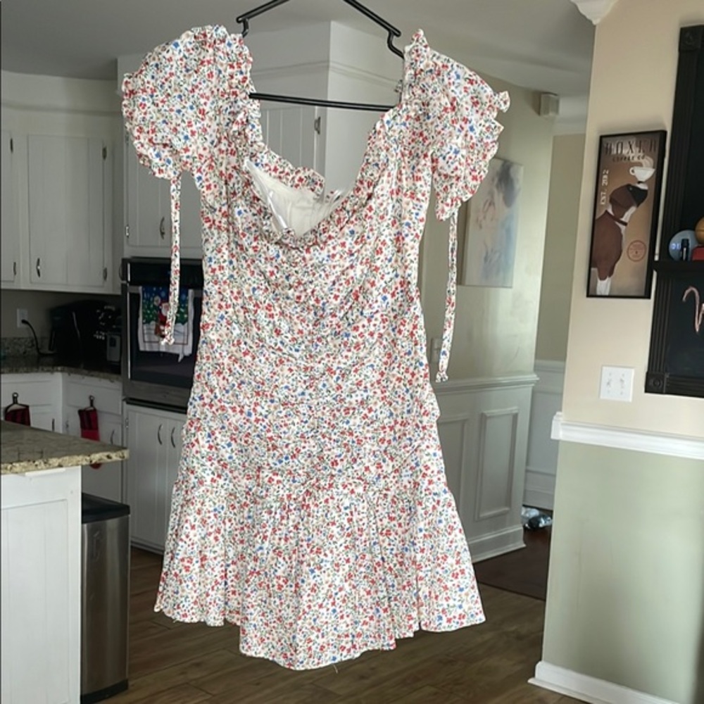 Olivaceous Mini Dress w Cap Sleeves Juniors Large Floral Beachy Bohemian Fairy